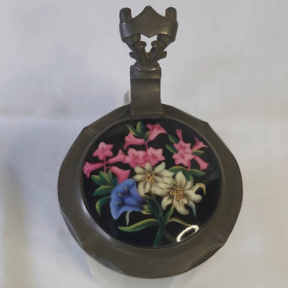 An Antique Glass Beer Stein with Handpainted Enamelled Lid