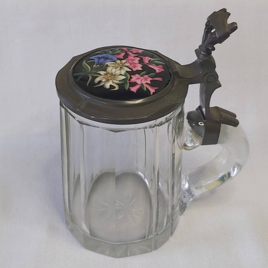 An Antique Glass Beer Stein with Handpainted Enamelled Lid
