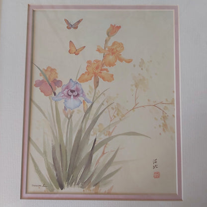 A Watercolour Print of Tiger Moth and Irises