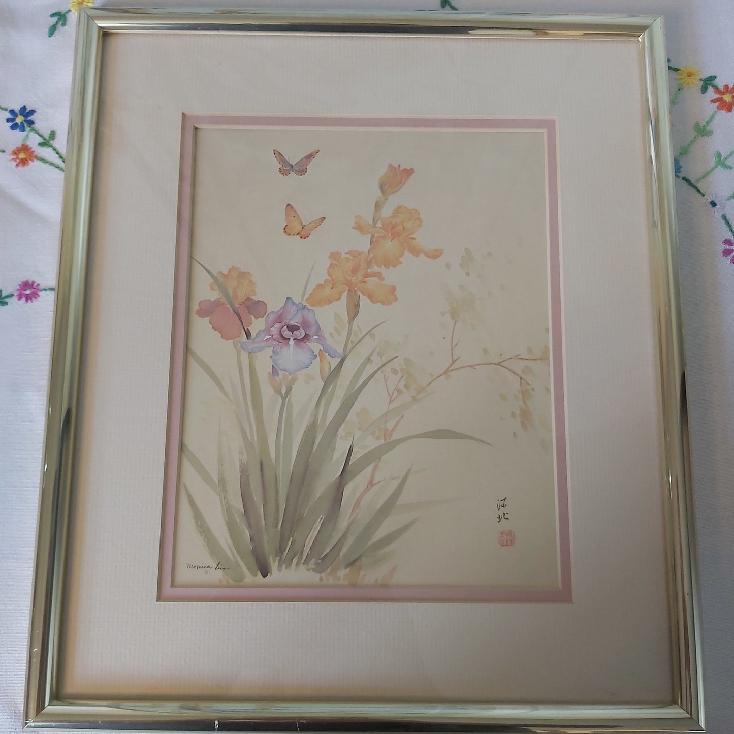 A Watercolour Print of Tiger Moth and Irises