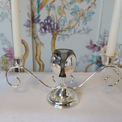 A Silver Plated Table Centre with Candle Holders and Small Vase