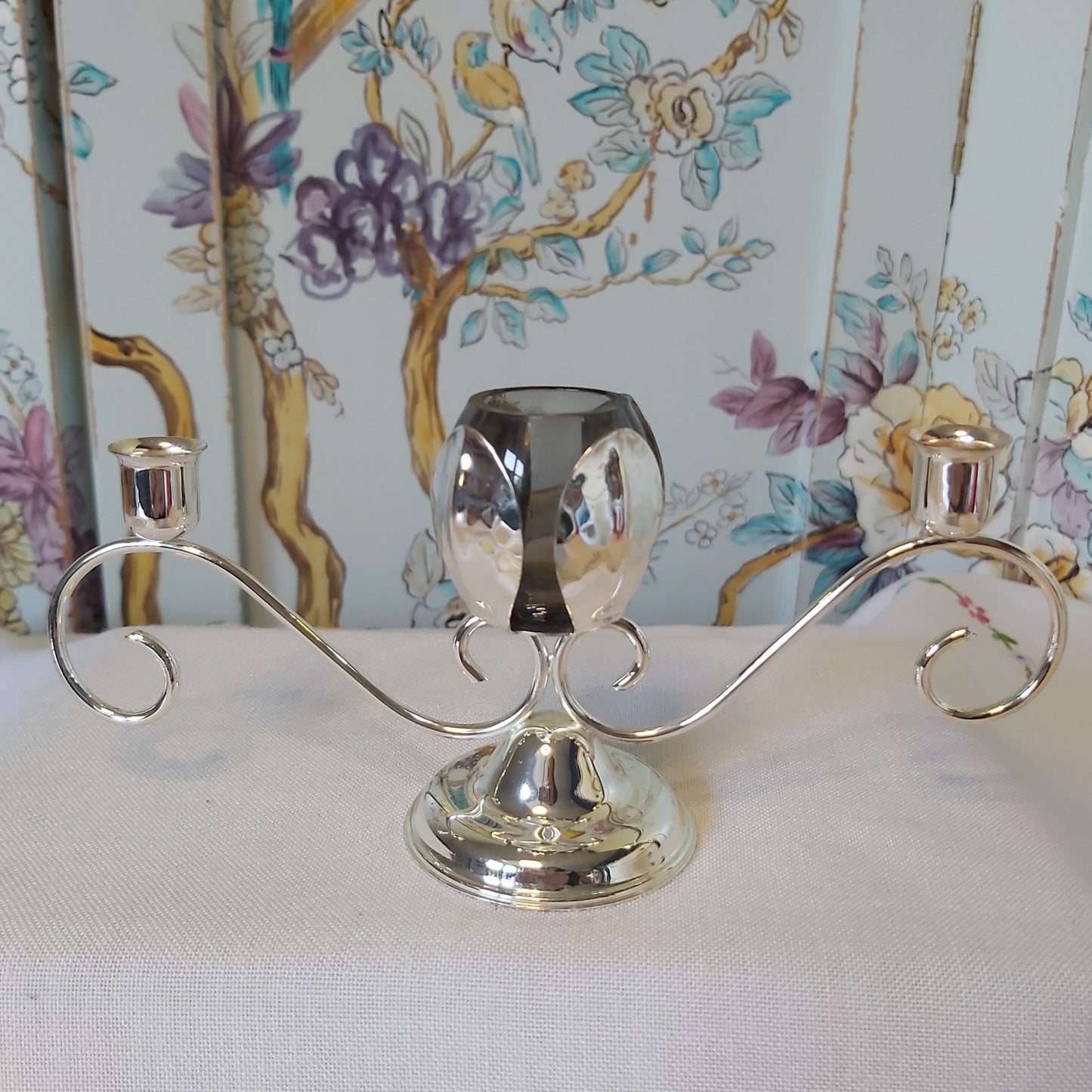 A Silver Plated Table Centre with Candle Holders and Small Vase