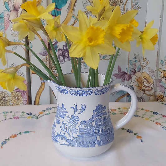 Vintage Willow Pattern Enamel Ware Jug in the Blue and White Willow Pattern