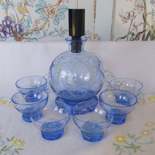 Bohemian Art Deco Decanter and Six Glasses