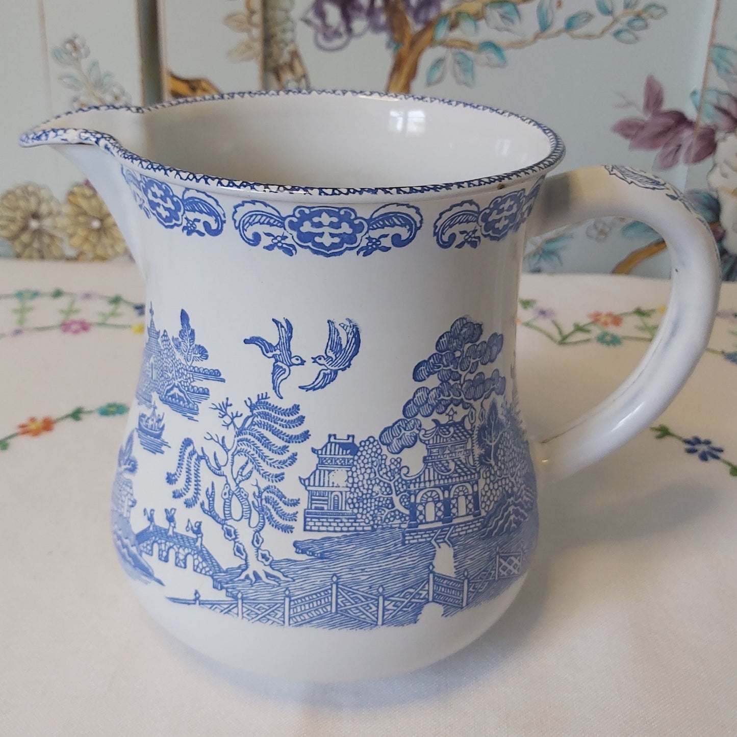 Vintage Willow Pattern Enamel Ware Jug in the Blue and White Willow Pattern