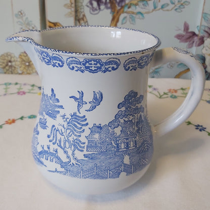 Vintage Willow Pattern Enamel Ware Jug in the Blue and White Willow Pattern