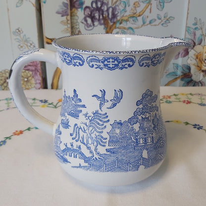 Vintage Willow Pattern Enamel Ware Jug in the Blue and White Willow Pattern