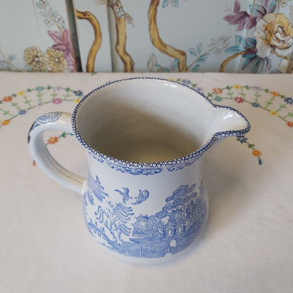Vintage Willow Pattern Enamel Ware Jug in the Blue and White Willow Pattern