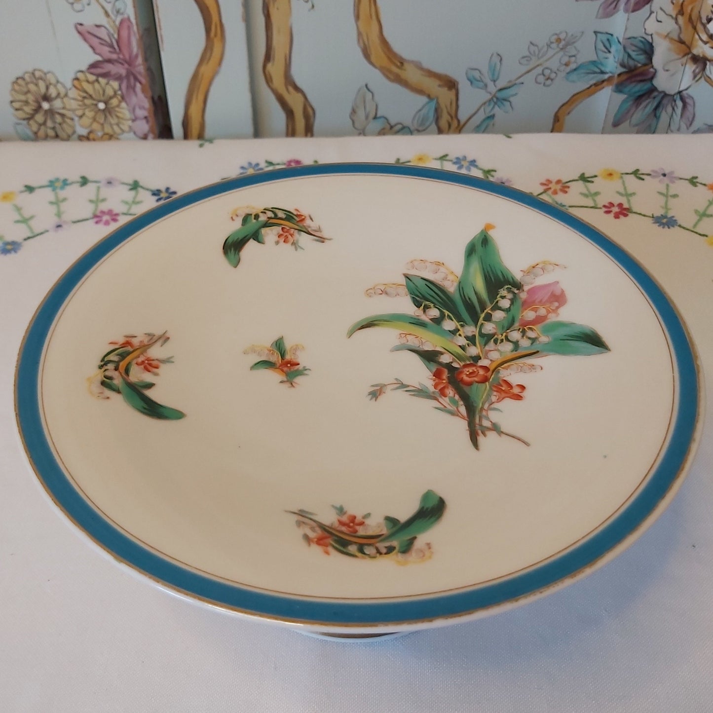 Antique Porcelain Comport with Handpainted Lily of the Valley