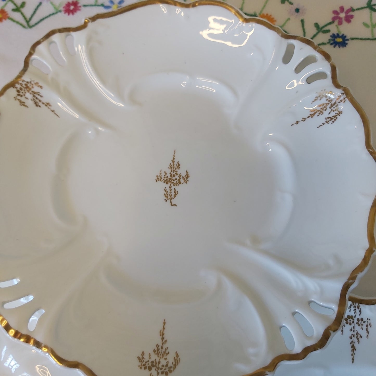 Antique White and Gold Porcelain Comport and Serving Dishes