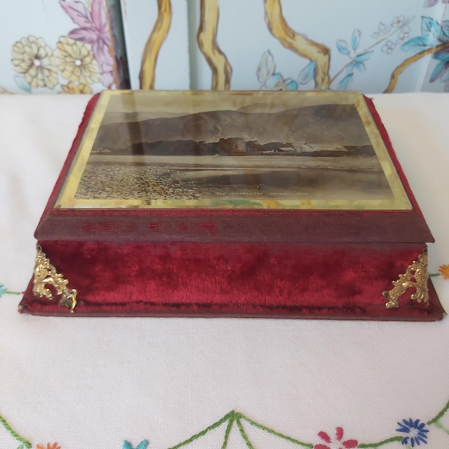 Victorian Red Velvet Jewellery Box with Image of Old Inverlochy Castle on the Lid.