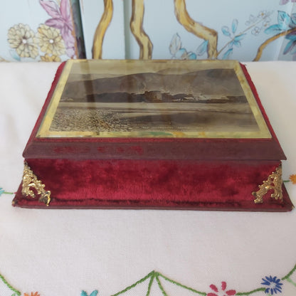 Victorian Red Velvet Jewellery Box with Image of Old Inverlochy Castle on the Lid.
