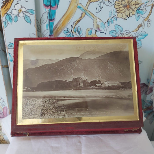 Victorian Red Velvet Jewellery Box with Image of Old Inverlochy Castle on the Lid.