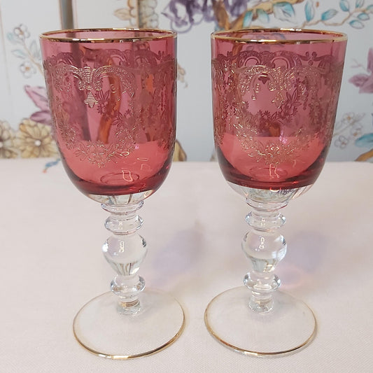 Pair of Cranberry and Gold Needle Etched Liqueur Glasses, possibly Moser.