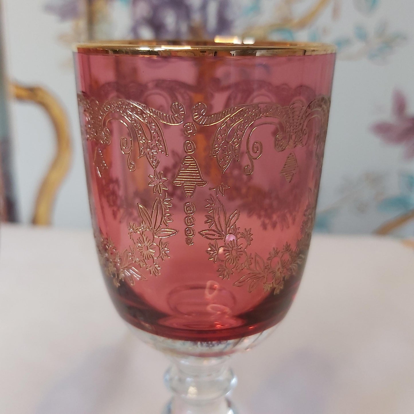 Pair of Cranberry and Gold Needle Etched Liqueur Glasses, possibly Moser.