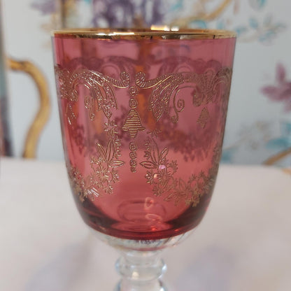 Pair of Cranberry and Gold Needle Etched Liqueur Glasses, possibly Moser.