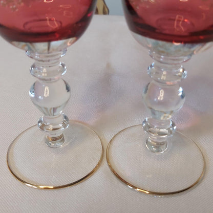 Pair of Cranberry and Gold Needle Etched Liqueur Glasses, possibly Moser.