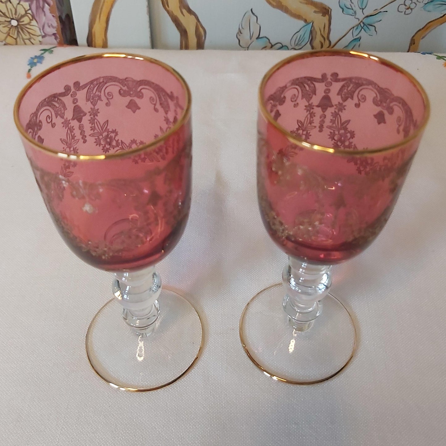 Pair of Cranberry and Gold Needle Etched Liqueur Glasses, possibly Moser.