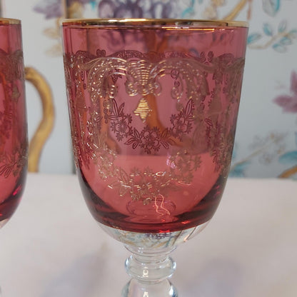 Pair of Cranberry and Gold Needle Etched Liqueur Glasses, possibly Moser.