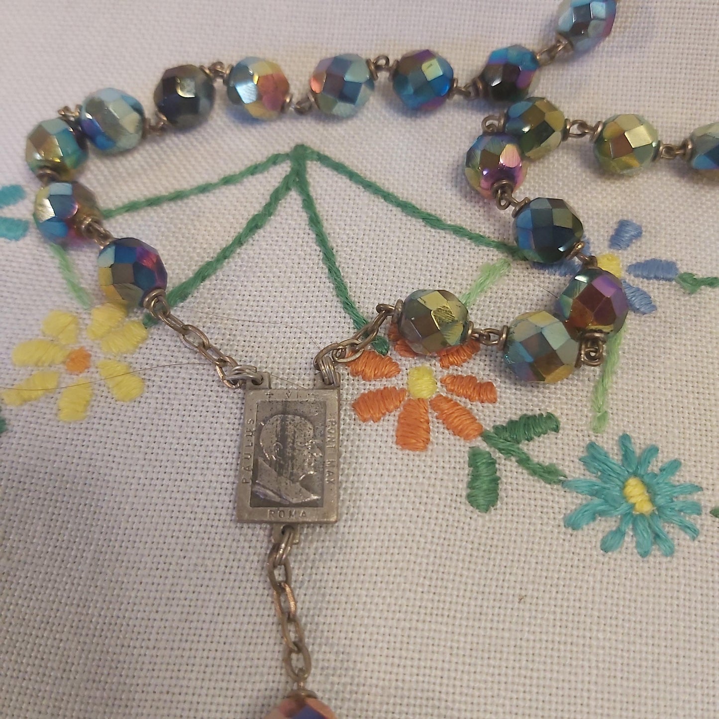 Vintage Rosary with Iridescent Glass Beads, Original Box c1960s-1970s