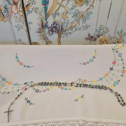 Vintage Rosary with Iridescent Glass Beads, Original Box c1960s-1970s