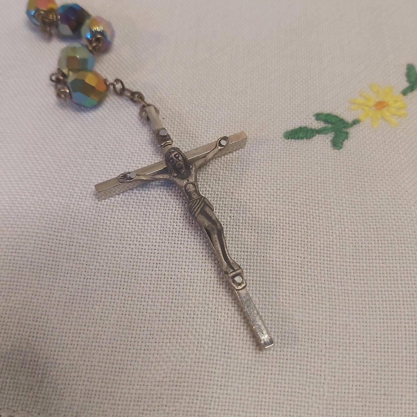 Vintage Rosary with Iridescent Glass Beads, Original Box c1960s-1970s