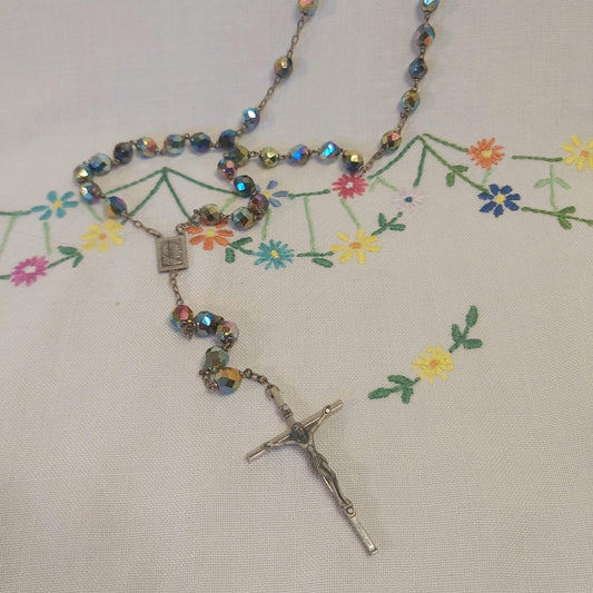 Vintage Rosary with Iridescent Glass Beads, Original Box c1960s-1970s