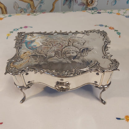 William Comyns Silver Dressing Table Jewellery Box with Reynolds Angels Design, Hallmarked London 1901
