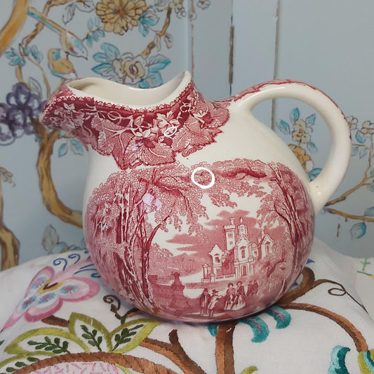 Vintage Masons Ball Jug with Ice Lip in the Vista Pink or Red Pattern c1930s