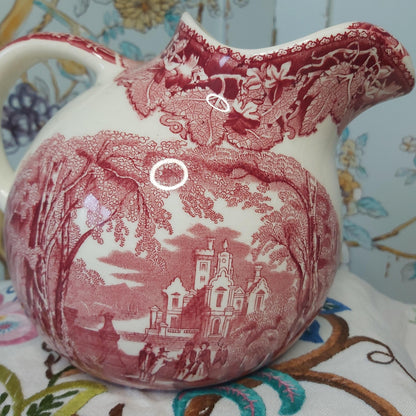 Vintage Masons Ball Jug with Ice Lip in the Vista Pink or Red Pattern c1930s
