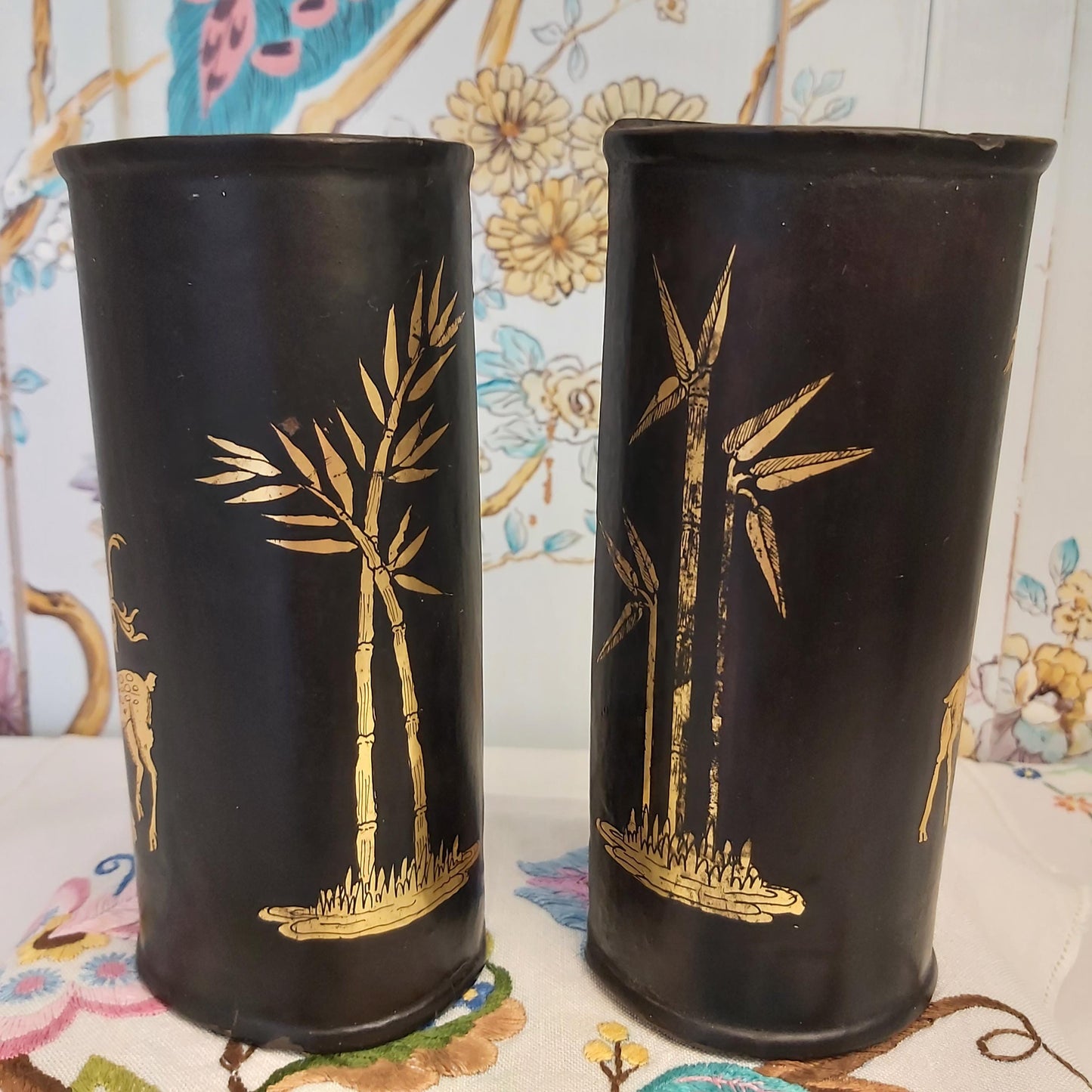 Black Papier Mache  Wall Vases Handpainted with Gold Designs of Deer and Trees.
