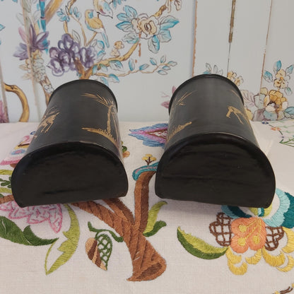 Black Papier Mache  Wall Vases Handpainted with Gold Designs of Deer and Trees.
