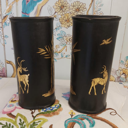 Black Papier Mache  Wall Vases Handpainted with Gold Designs of Deer and Trees.