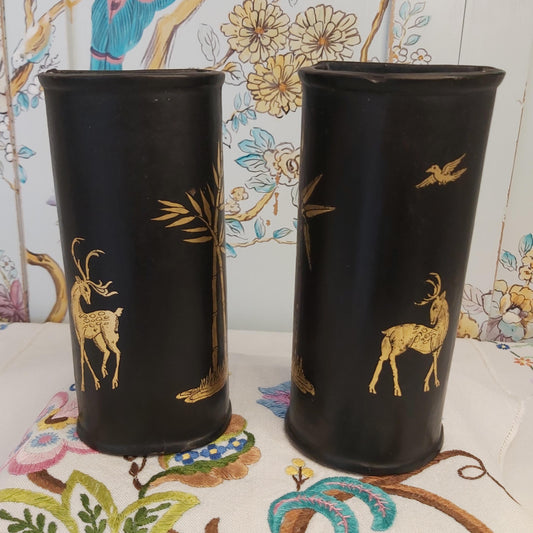 Black Papier Mache  Wall Vases Handpainted with Gold Designs of Deer and Trees.