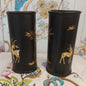Black Papier Mache  Wall Vases Handpainted with Gold Designs of Deer and Trees.
