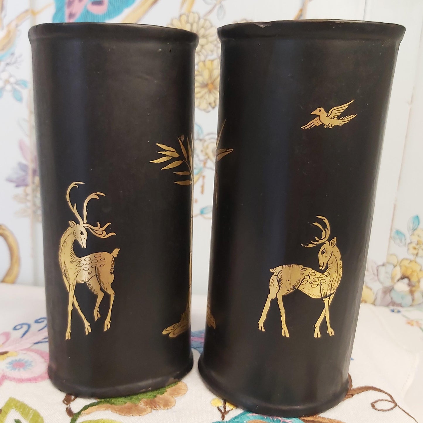 Black Papier Mache  Wall Vases Handpainted with Gold Designs of Deer and Trees.