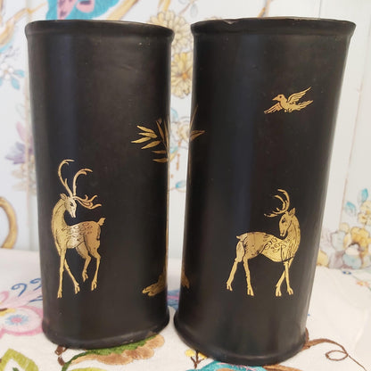 Black Papier Mache  Wall Vases Handpainted with Gold Designs of Deer and Trees.