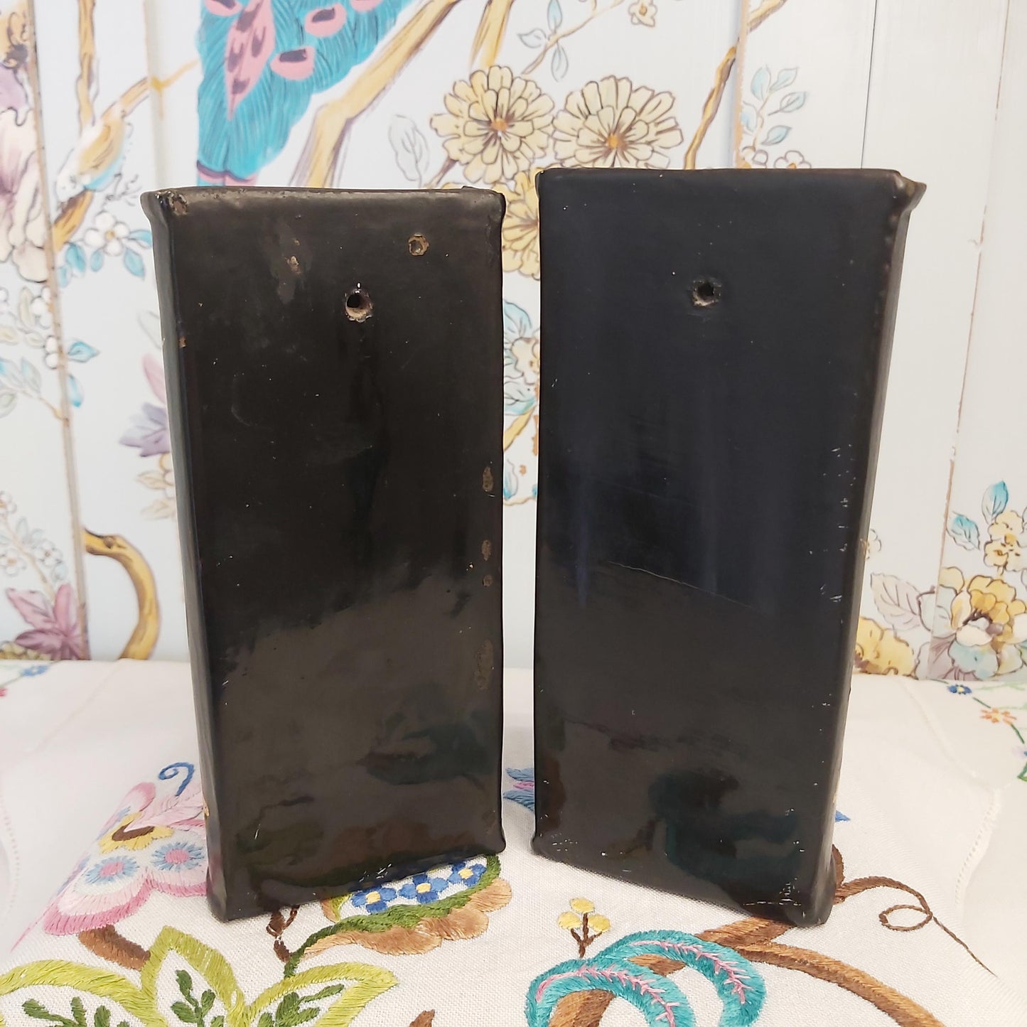 Black Papier Mache  Wall Vases Handpainted with Gold Designs of Deer and Trees.