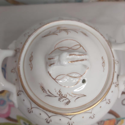 Antique White Porcelain Sucrier with Gold Handpainted Detail