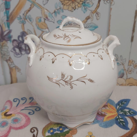 Antique White Porcelain Sucrier with Gold Handpainted Detail