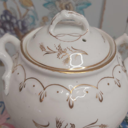 Antique White Porcelain Sucrier with Gold Handpainted Detail
