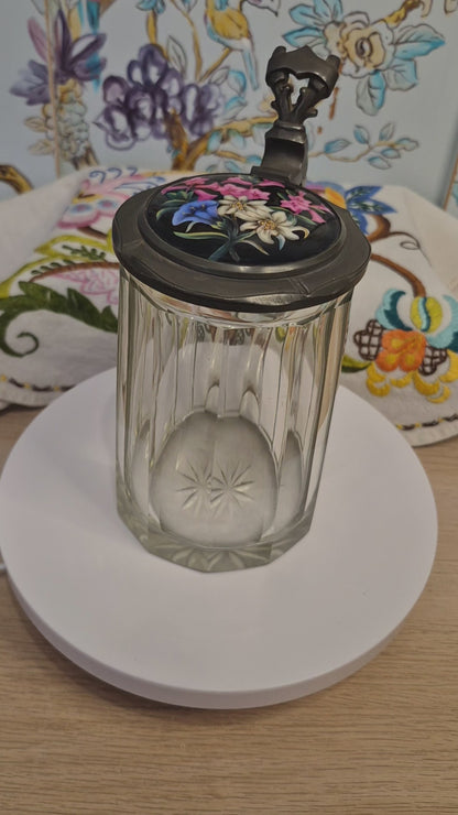 An Antique Glass Beer Stein with Handpainted Enamelled Lid