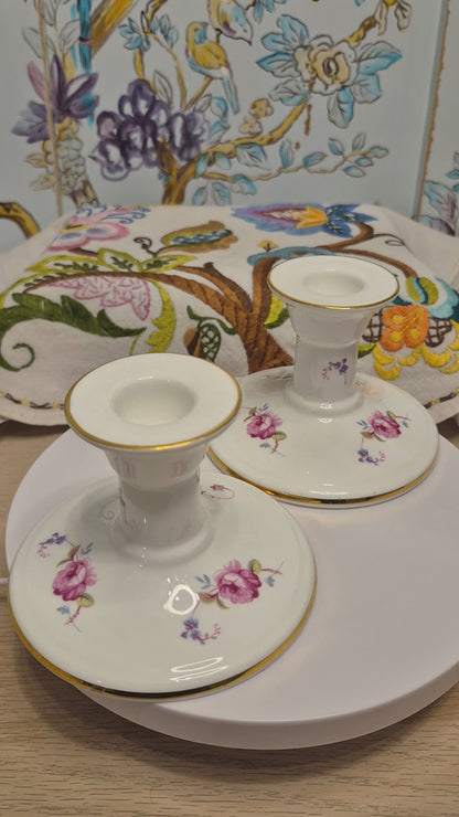 A Pair of Coalport Candlesticks Handpainted with Flowers