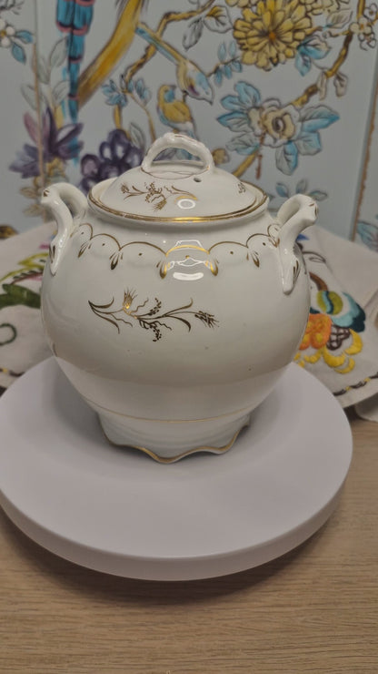 Antique White Porcelain Sucrier with Gold Handpainted Detail
