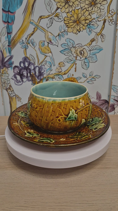 Antique French Majolica Cup and Saucer