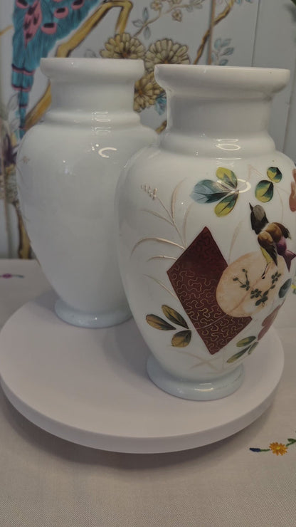 A Pair of Aesthetic Movement Hand Painted Milk Glass Vases