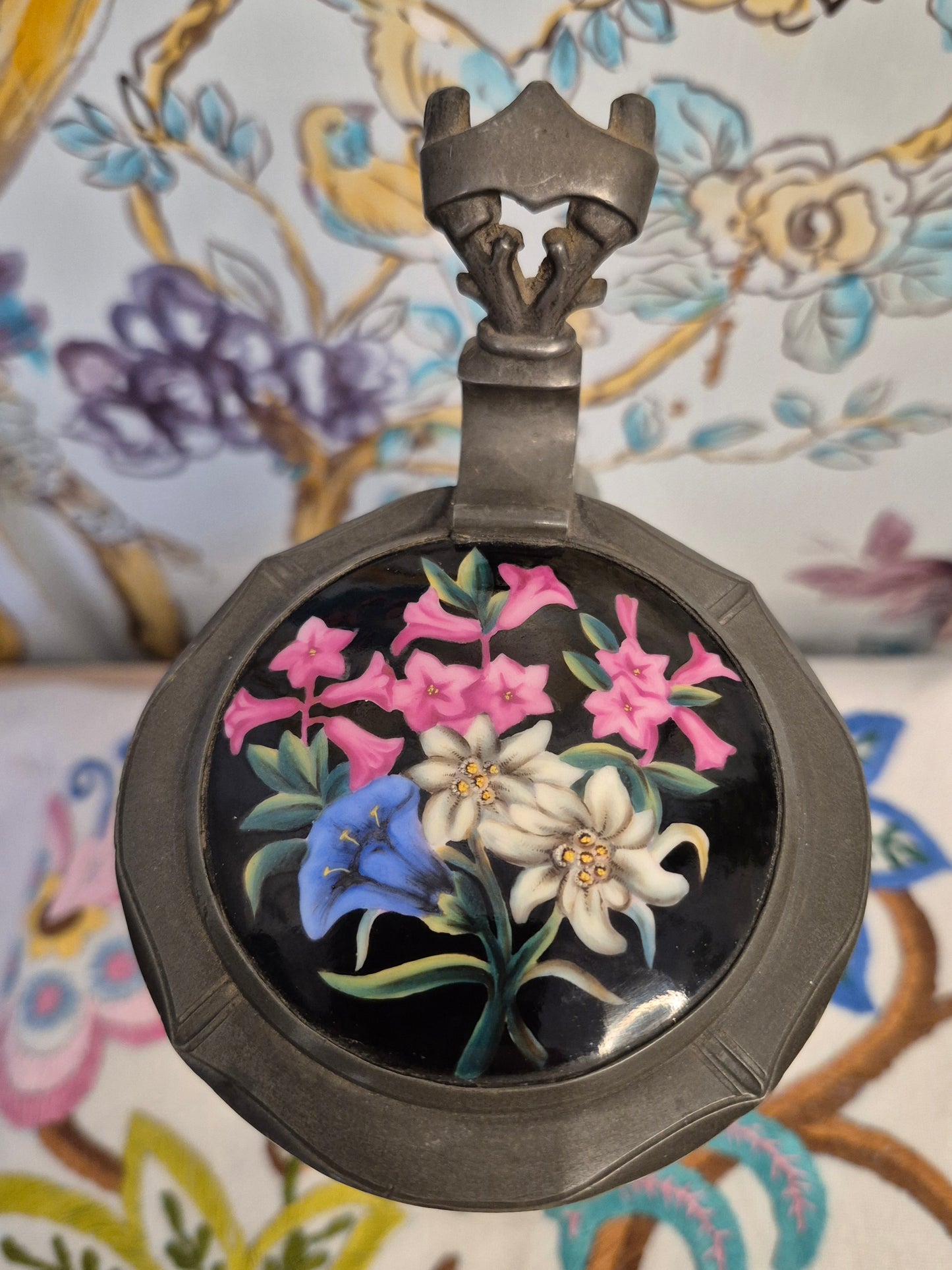 An Antique Glass Beer Stein with Handpainted Enamelled Lid